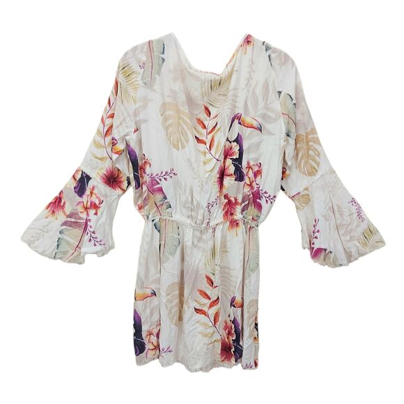 Z&L Europe Mini Dress Womens Medium Beige Floral Flared Sleeve Y2K Beachy Travel - Picture 6 of 12